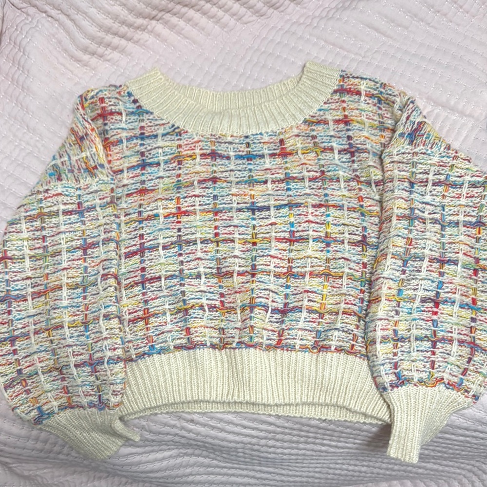 Cream Crew Neck Sweater with Balloon Sleeves